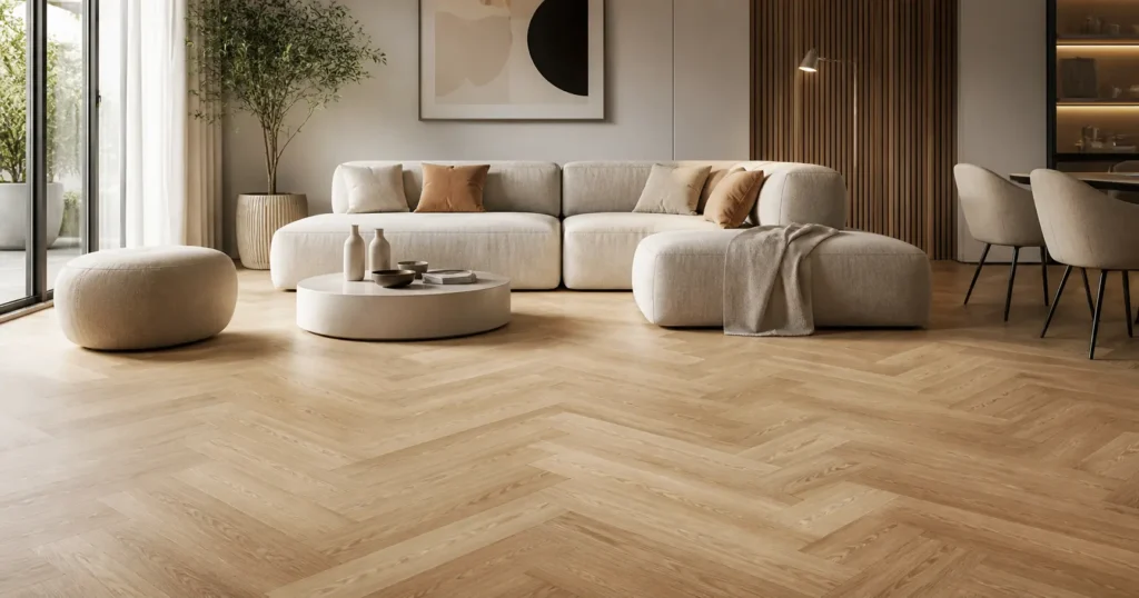 أرضية Parquet PVC autocollant بتصميم خشبي فاخر في غرفة معيشة عصرية
